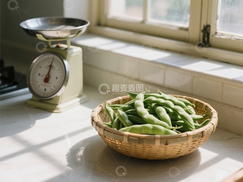 窗边的豆荚与老式秤