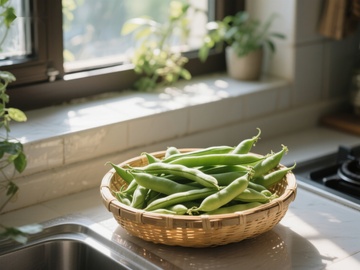 窗边厨房里的新鲜四季豆