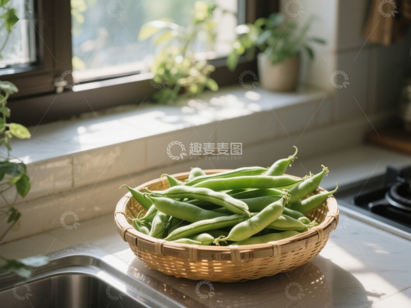 高清大图下载【趣麦麦图】窗边厨房里的新鲜四季豆
