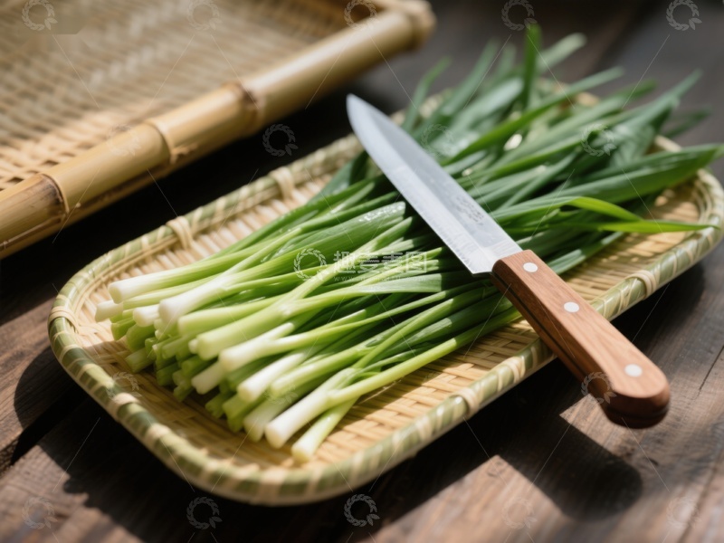 高清大图下载【趣麦麦图】竹篮上的葱与刀