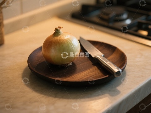 洋葱与刀置于木质盘上