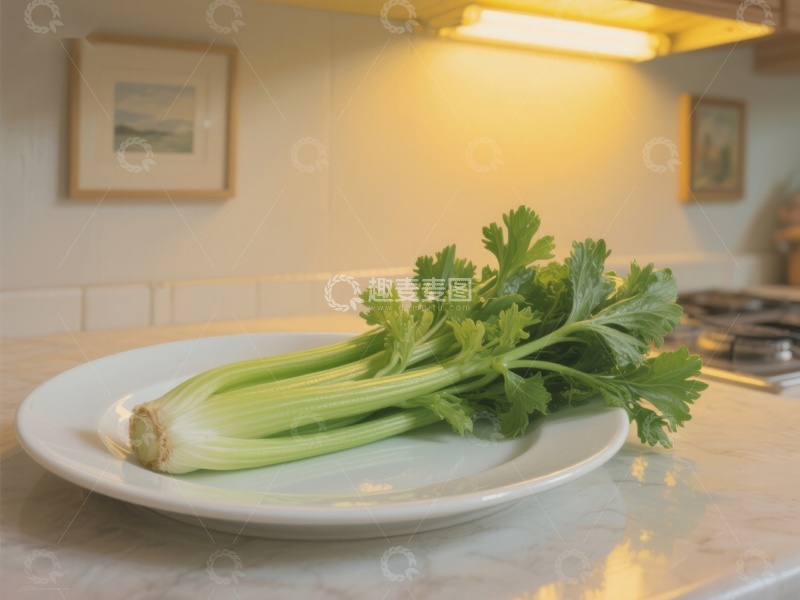 高清大图下载【趣麦麦图】新鲜芹菜置于白色盘中