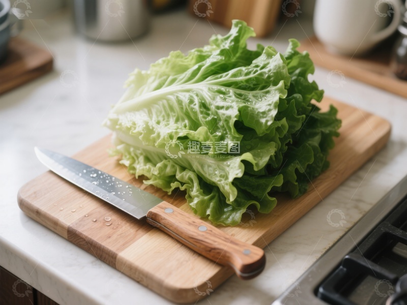 高清大图下载【趣麦麦图】新鲜生菜置于木制砧板上