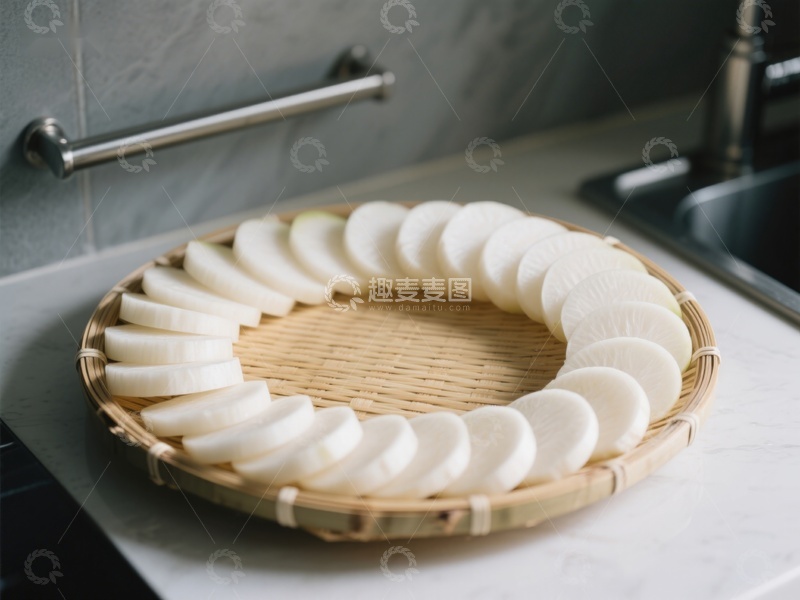 高清大图下载【趣麦麦图】竹篮中整齐排列的萝卜片