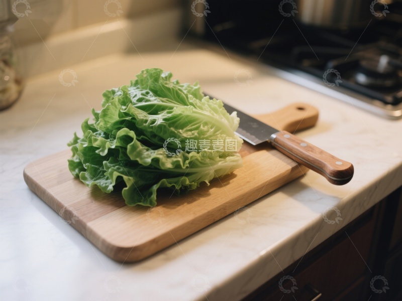 高清大图下载【趣麦麦图】生菜置于砧板上，旁配刀具