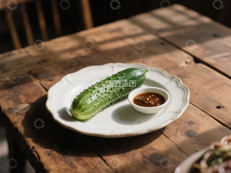 高清大图下载【趣麦麦图】青瓜配酱碟置于木质桌面上