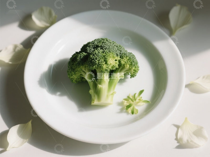 高清大图下载【趣麦麦图】盘中西兰花与花瓣的静谧组合