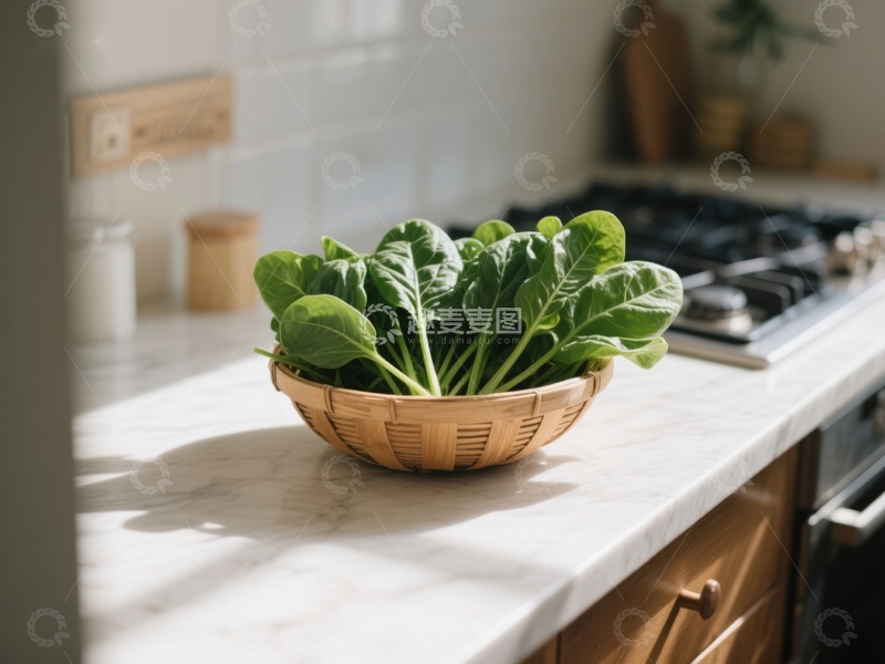 高清大图下载【趣麦麦图】厨房台面上的菠菜篮