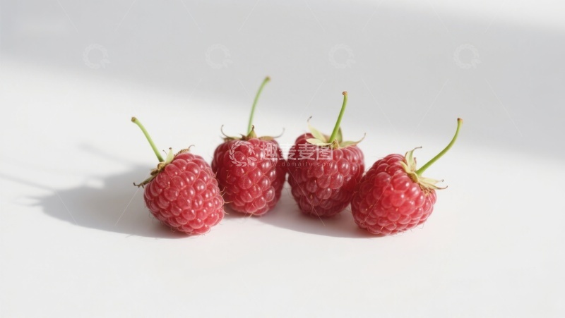 高清大图下载【趣麦麦图】四颗新鲜覆盆子排列在白色背景上