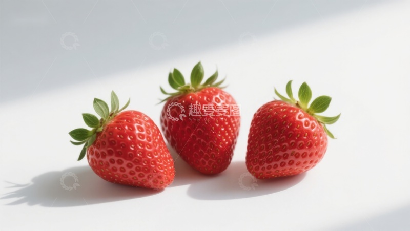 高清大图下载【趣麦麦图】三颗新鲜草莓在白色背景上