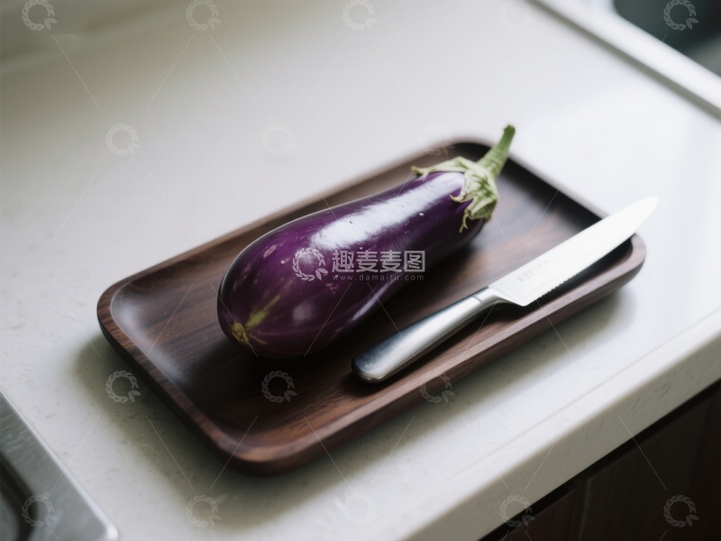 高清大图下载【趣麦麦图】-茄子与刀置于木质托盘上