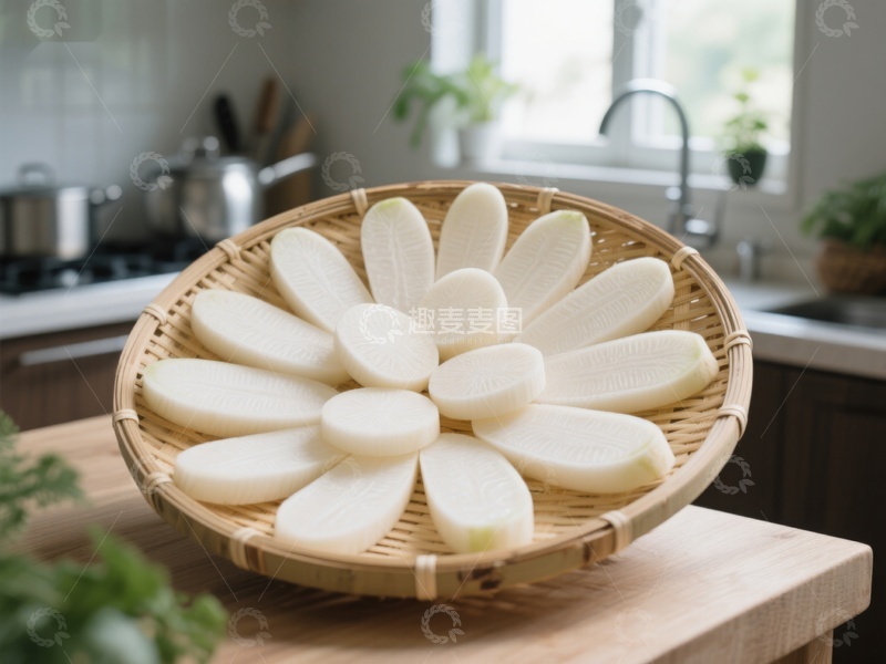 高清大图下载【趣麦麦图】竹篮中整齐排列的白萝卜片