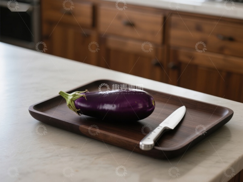 高清大图下载【趣麦麦图】厨房台面上的茄子与刀具