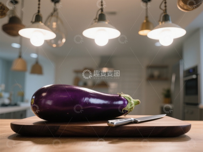 高清大图下载【趣麦麦图】厨房台面上的茄子与刀具