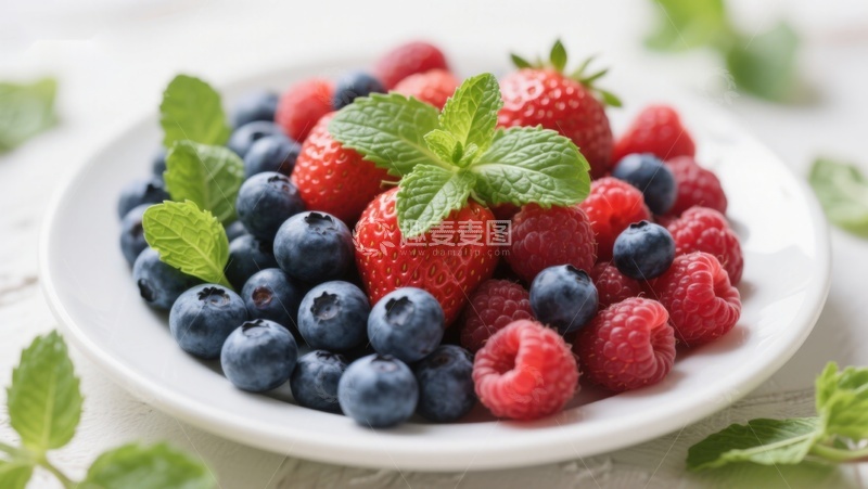 高清大图下载【趣麦麦图】新鲜浆果拼盘，点缀薄荷叶