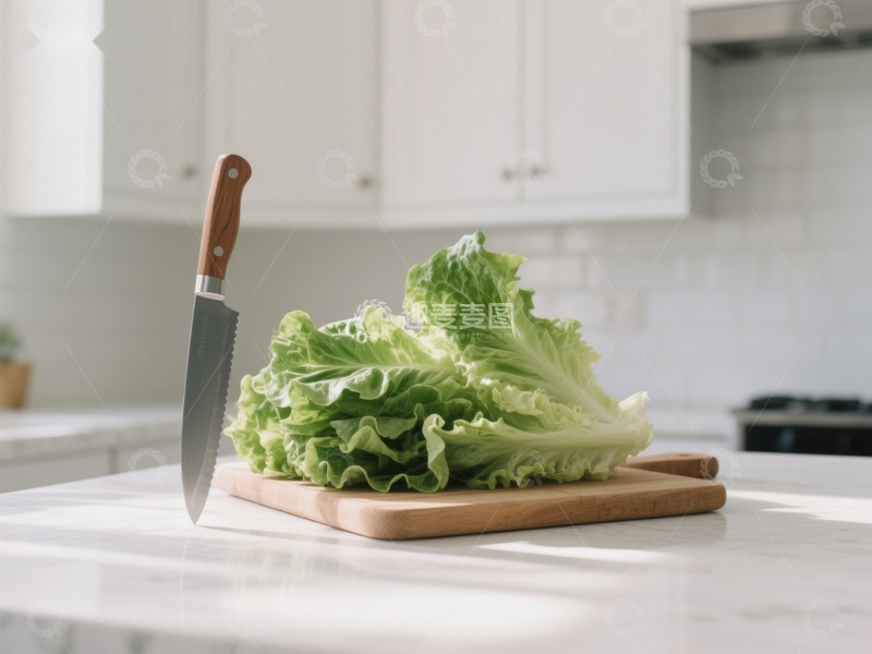 高清大图下载【趣麦麦图】厨房案板上的生菜与刀具