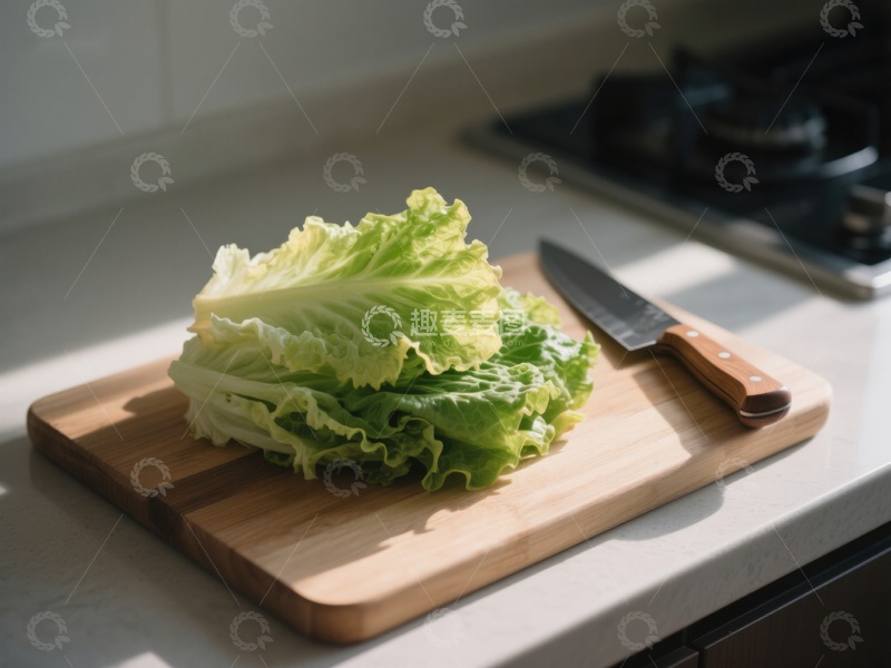 高清大图下载【趣麦麦图】生菜置于砧板上，厨房刀具相伴