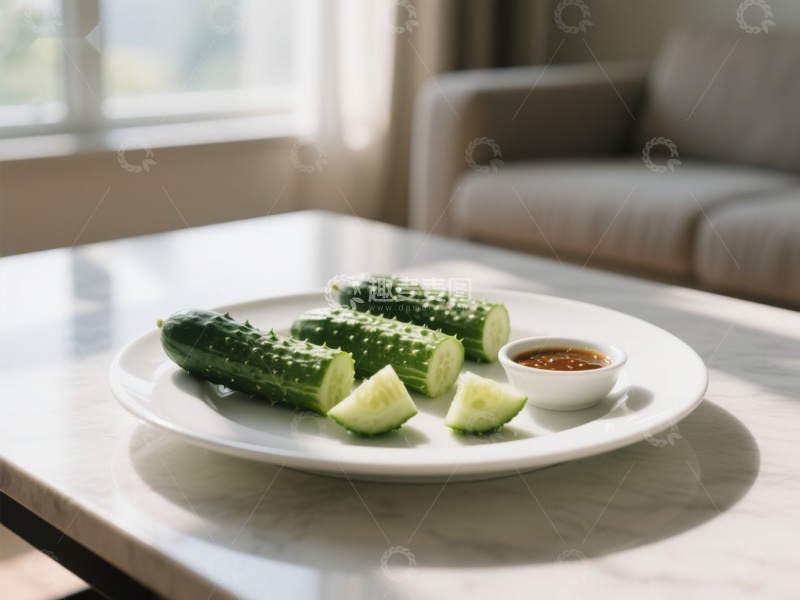 高清大图下载【趣麦麦图】切片黄瓜与蘸料盘置于室内桌面上