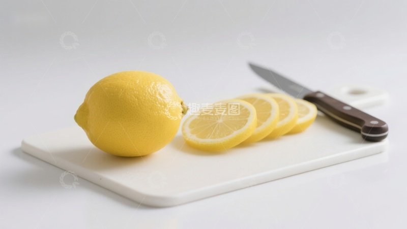 高清大图下载【趣麦麦图】切片柠檬与刀具置于砧板上