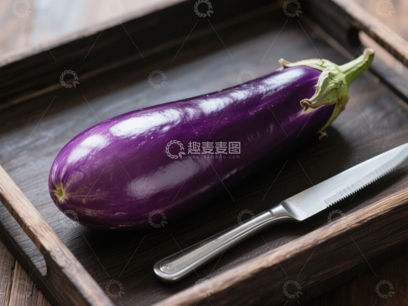 高清大图下载【趣麦麦图】紫色茄子与刀具置于木质托盘