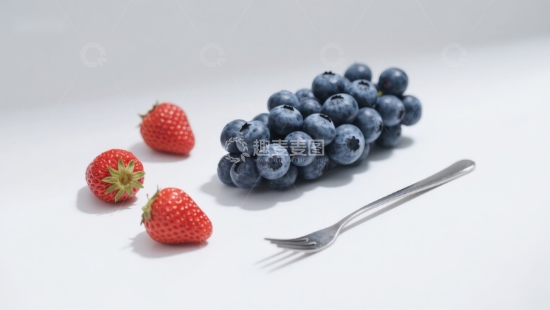 高清大图下载【趣麦麦图】蓝莓草莓与叉子的静物组合