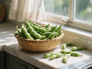窗边篮子里的鲜嫩豆荚