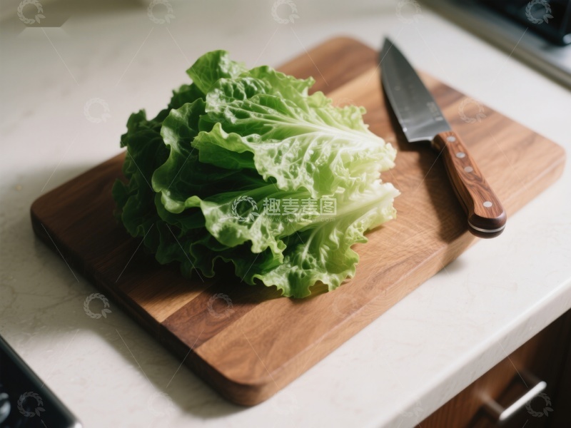 高清大图下载【趣麦麦图】生菜置于木制砧板上，旁配刀具