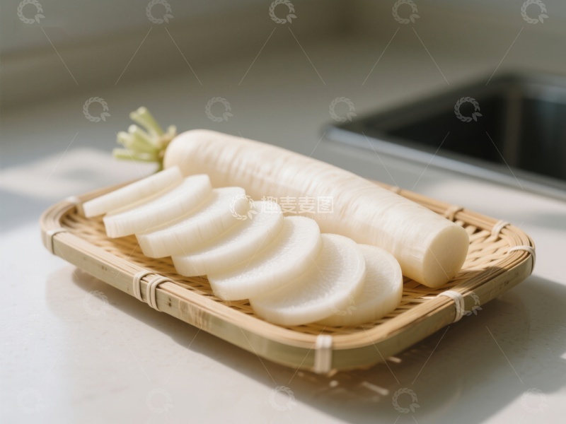 高清大图下载【趣麦麦图】新鲜白萝卜切片置于竹篮