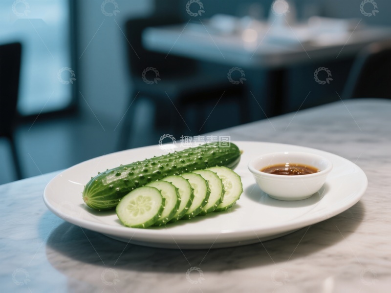 高清大图下载【趣麦麦图】新鲜黄瓜配酱碟，简约餐桌布置