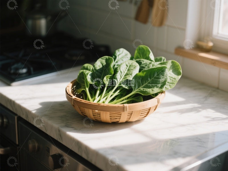 高清大图下载【趣麦麦图】厨房台面上的绿叶蔬菜篮