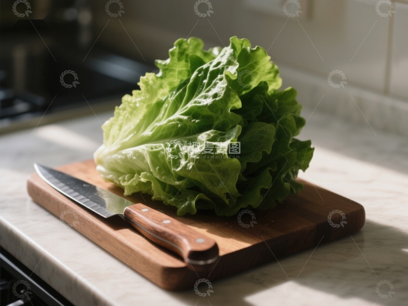 高清大图下载【趣麦麦图】生菜置于砧板之上，刀具相伴