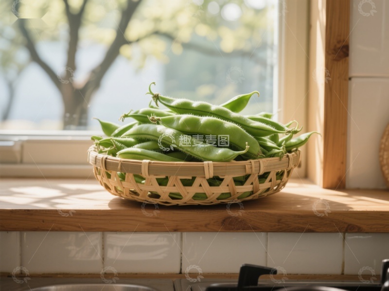 高清大图下载【趣麦麦图】窗台上的一篮新鲜豆荚