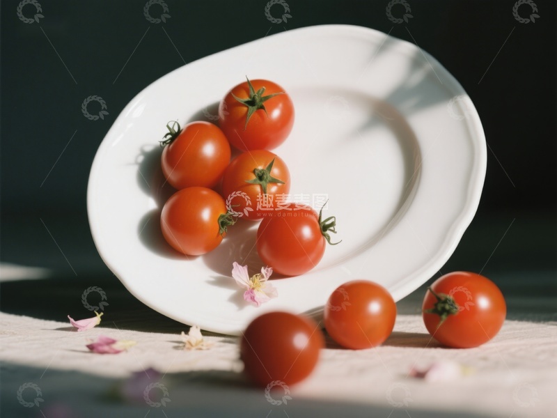 高清大图下载【趣麦麦图】盘中樱桃番茄与花瓣的静物