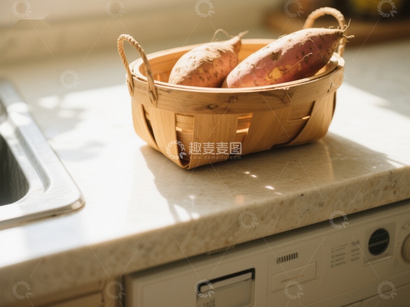 高清大图下载【趣麦麦图】篮子里的红薯置于厨房台面