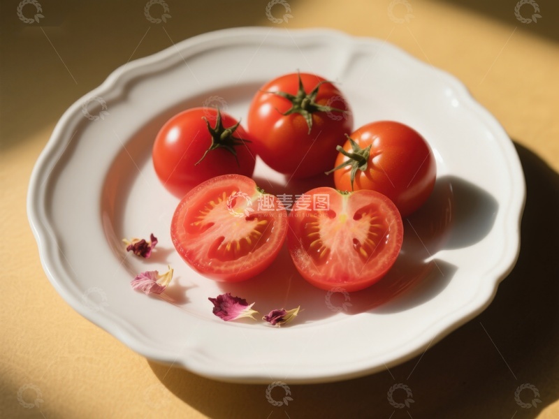 高清大图下载【趣麦麦图】盘中新鲜番茄，一半切开展示