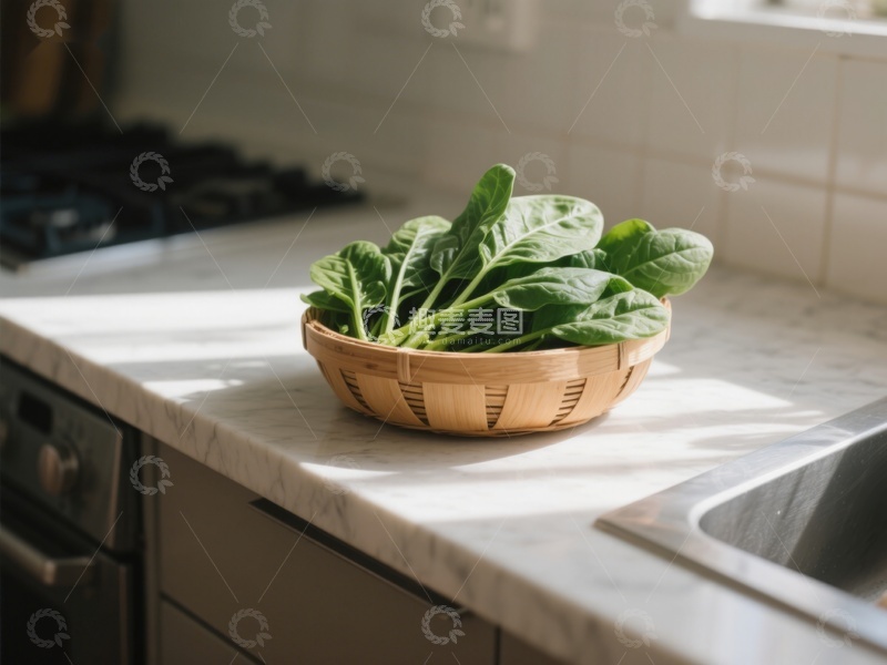 高清大图下载【趣麦麦图】厨房台面上的菠菜篮