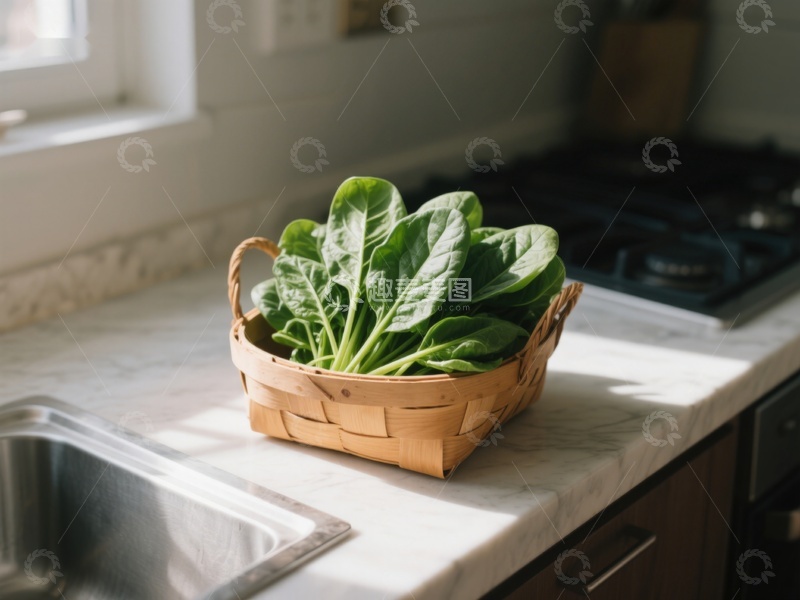 高清大图下载【趣麦麦图】厨房台面上的篮装新鲜菠菜