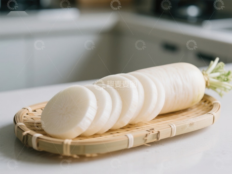 高清大图下载【趣麦麦图】切片白萝卜置于竹篮