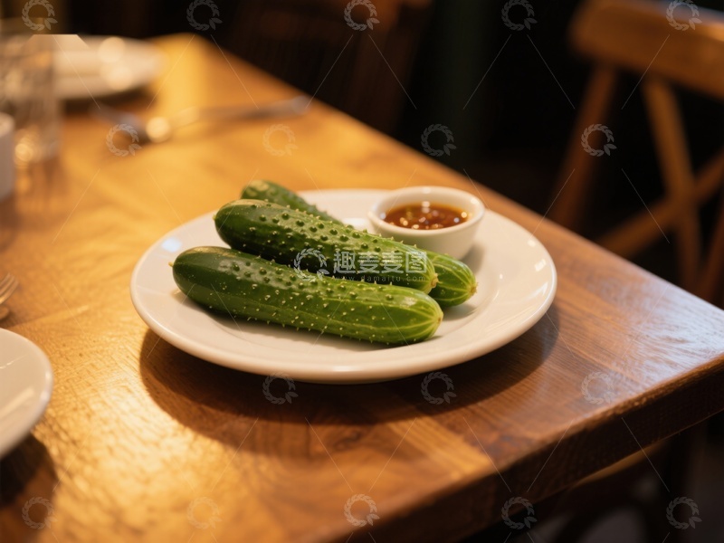 高清大图下载【趣麦麦图】盘中黄瓜配蘸酱，餐桌静谧一景