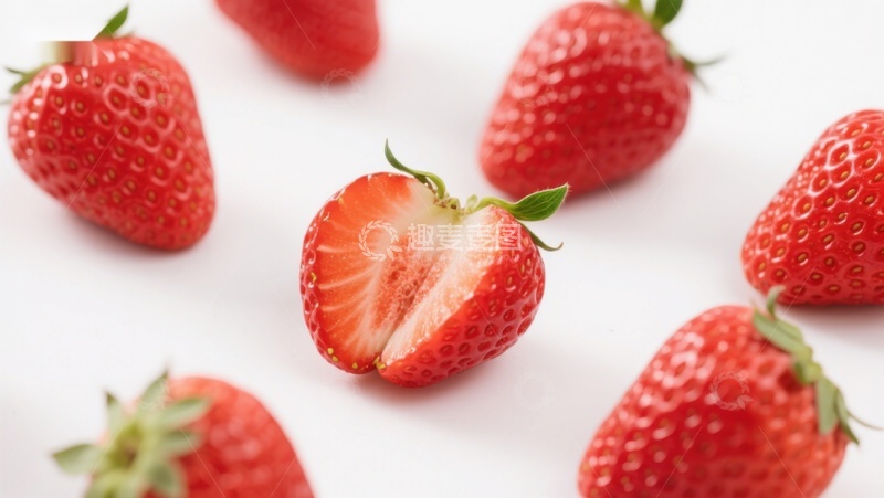 高清大图下载【趣麦麦图】新鲜草莓特写，一颗切开展示内部