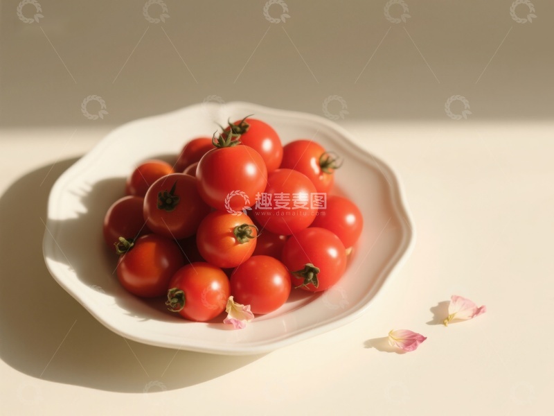 高清大图下载【趣麦麦图】盘中樱桃番茄与花瓣