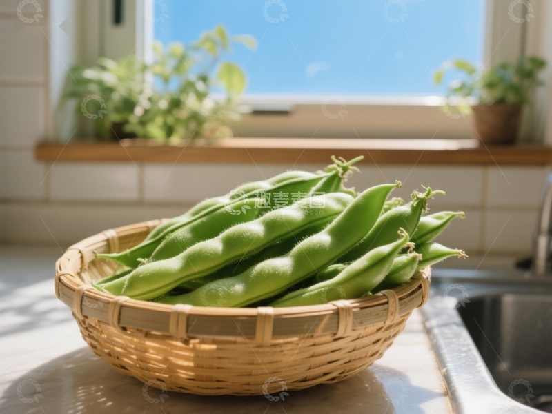 高清大图下载【趣麦麦图】厨房窗台上的新鲜豆荚