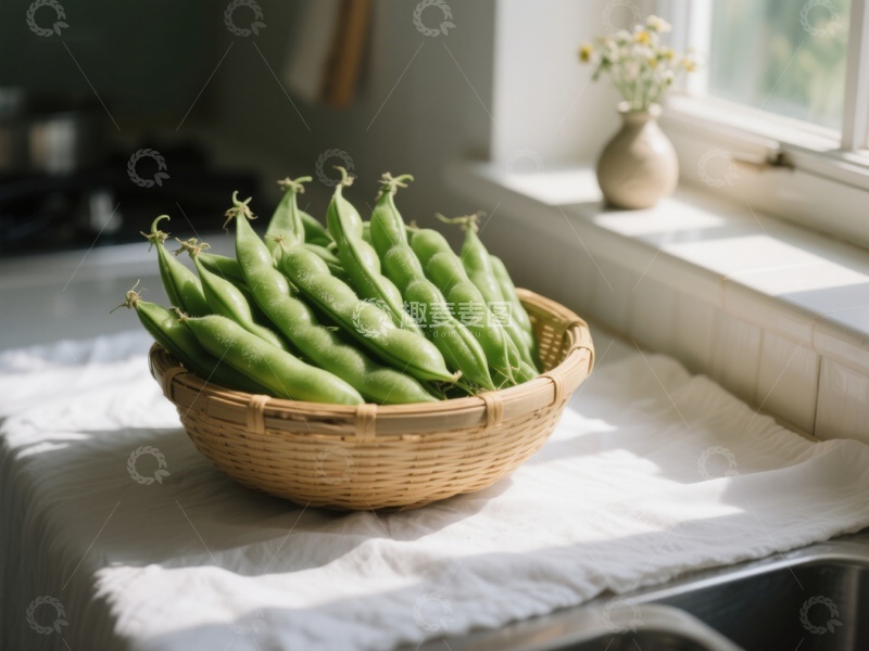高清大图下载【趣麦麦图】篮子里的青豆荚，窗边阳光照射