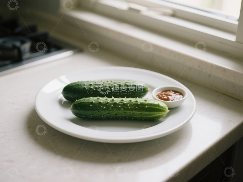 高清大图下载【趣麦麦图】盘中黄瓜配酱料，窗边静置
