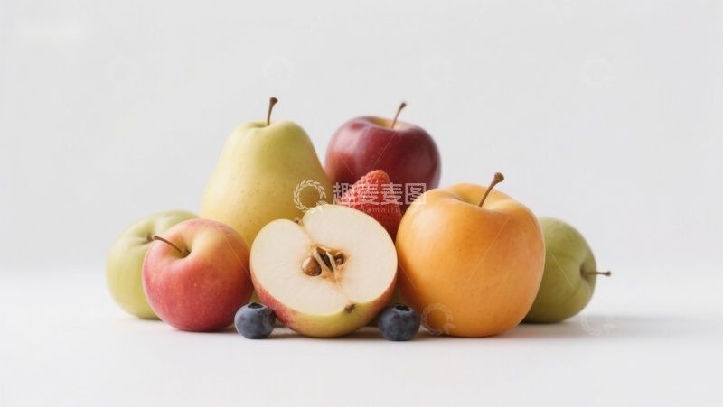 高清大图下载【趣麦麦图】新鲜水果组合：苹果、梨与蓝莓