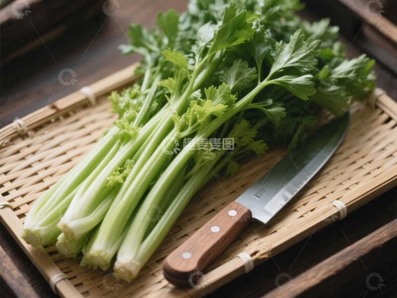高清大图下载【趣麦麦图】新鲜芹菜与刀具置于竹制砧板上