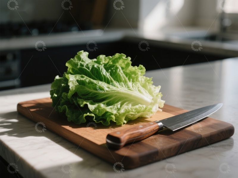 高清大图下载【趣麦麦图】生菜置于砧板上，配以刀具