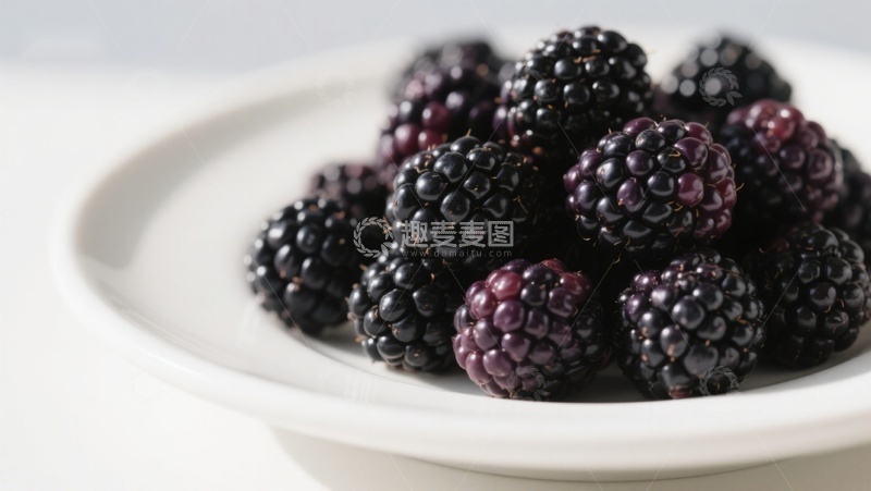 高清大图下载【趣麦麦图】新鲜黑莓堆叠在白色盘中