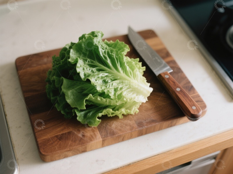 高清大图下载【趣麦麦图】生菜与刀置于木砧板上