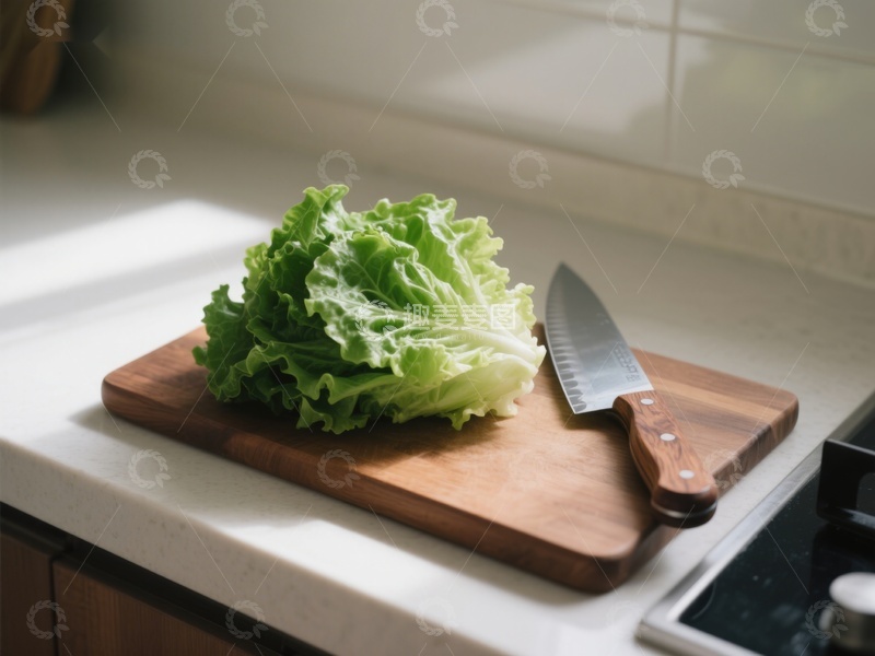 高清大图下载【趣麦麦图】生菜与刀置于砧板上